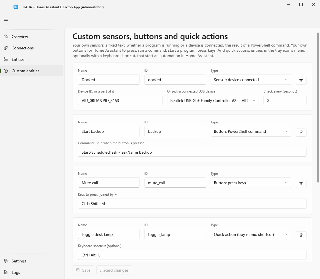 The Custom entities page