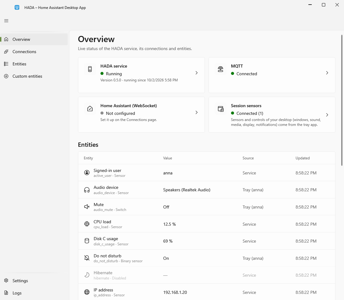 The Overview page of the HADA window