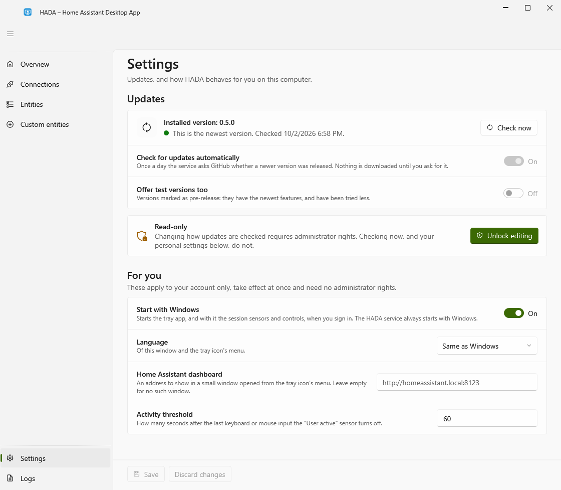 The Settings page
